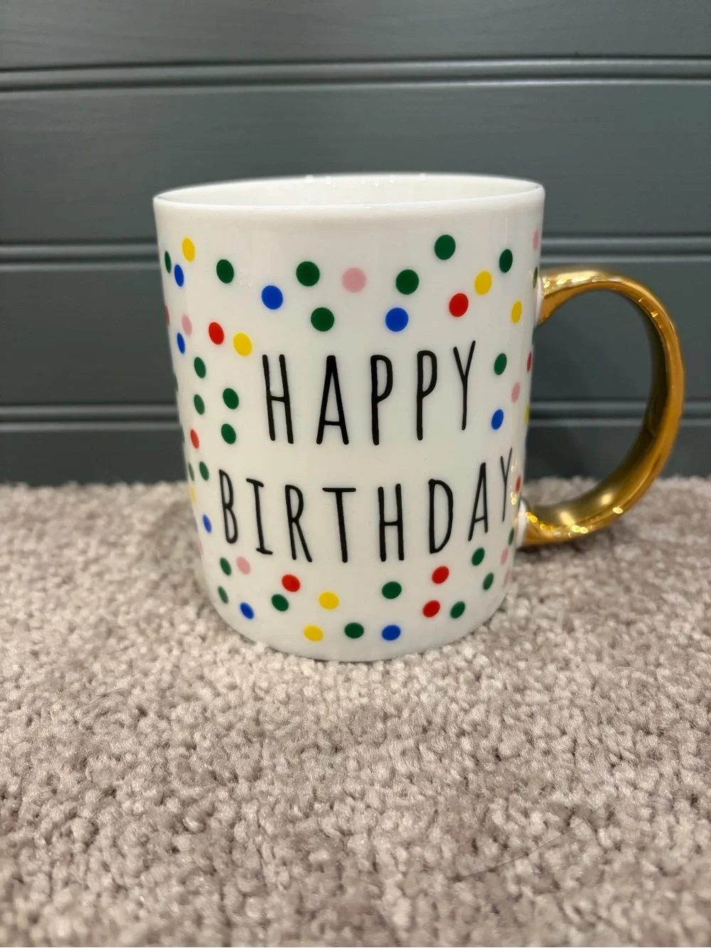 Happy Birthday Confetti Ceramic Mug with Gold Handle